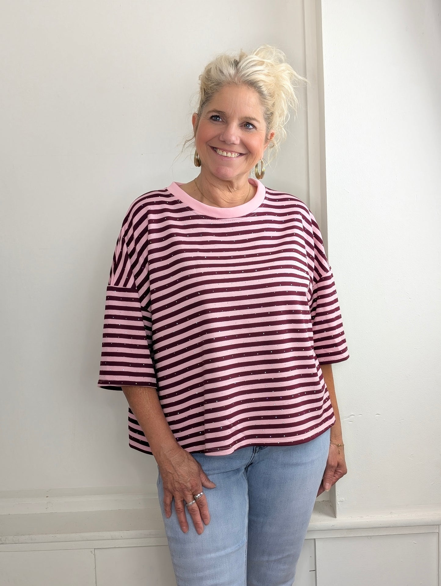 Gestreept shirt shimmer - Roze / bordeaux rood