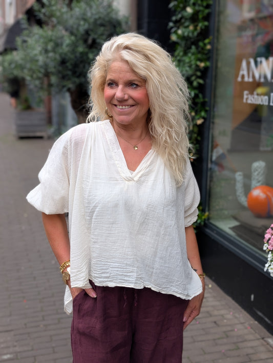 Luchtige katoenen blouse ballon mouw - Ecru