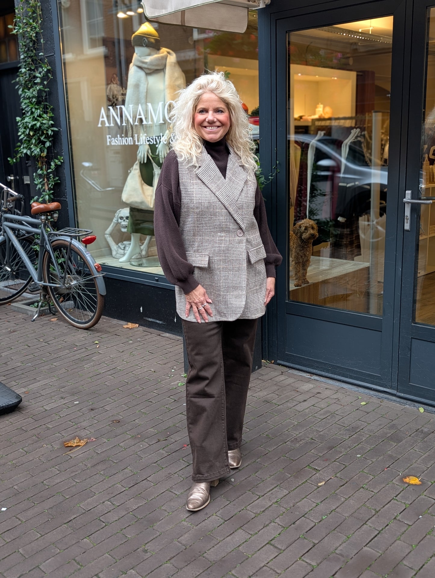 Cleo ruit lang gilet - Taupe/ bruin