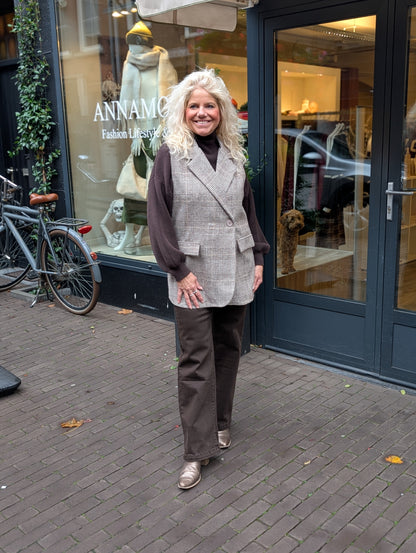 Cleo ruit lang gilet - Taupe/ bruin