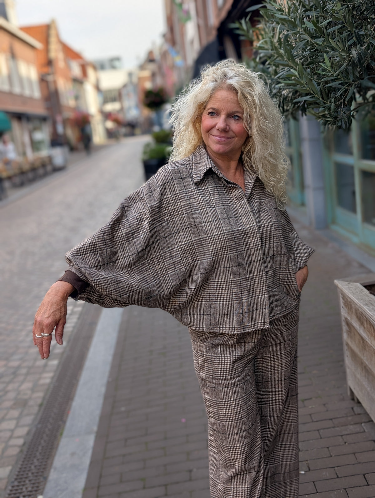 Karam ruitjes blouse - Taupe / creme / bruin