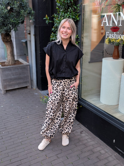 Sporty ballon broek met panterprint en biesjes - Beige/Zwart