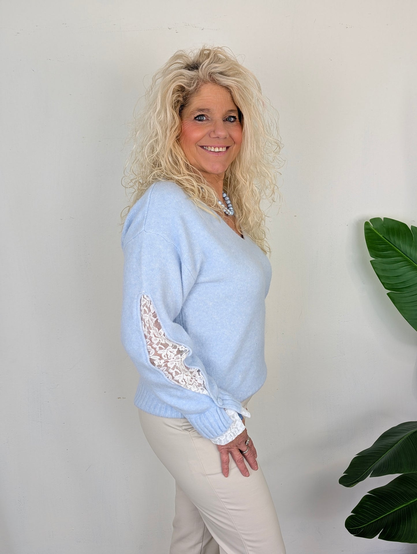 Lens trui met kant - Licht blauw