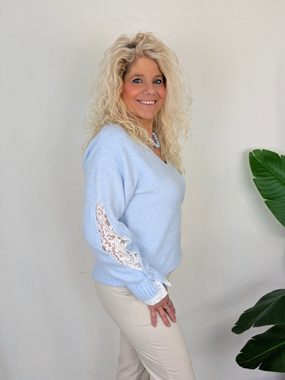 Lens trui met kant - Licht blauw