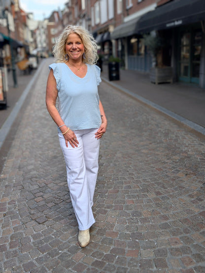 Katoenen ruffle top v-hals - Lichtblauw