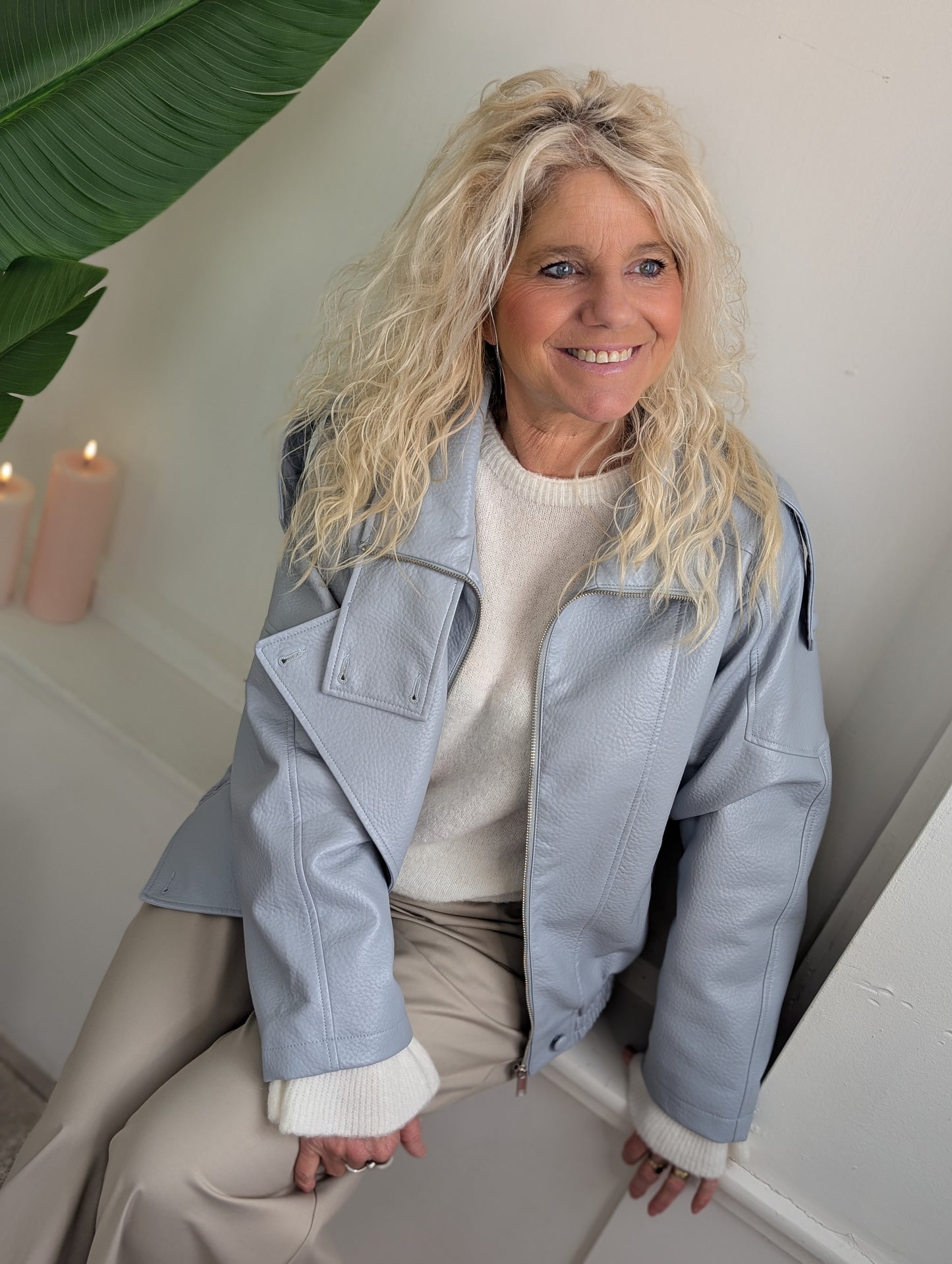 Oversized biker jacket leather look - Dust Blue