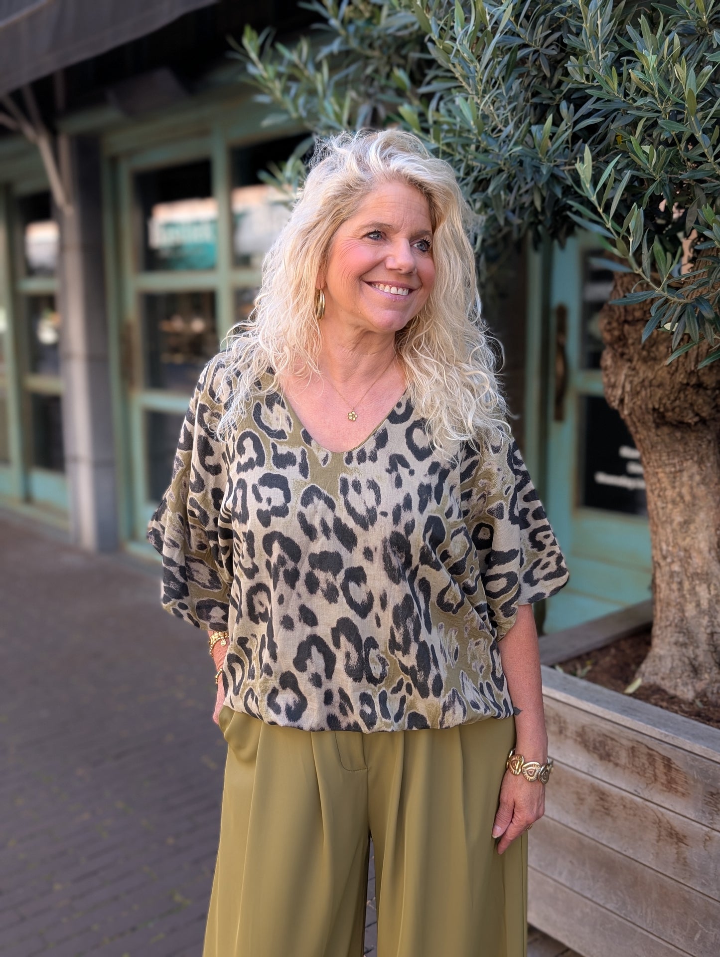 Panterprint ballon blouse - Groen