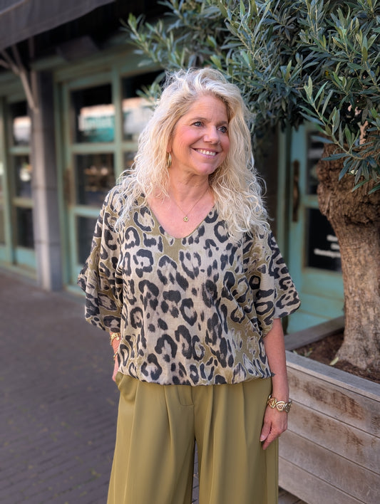Panterprint ballon blouse - Groen