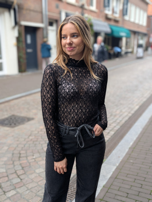 Kanten top met lange mouwen - Zwart