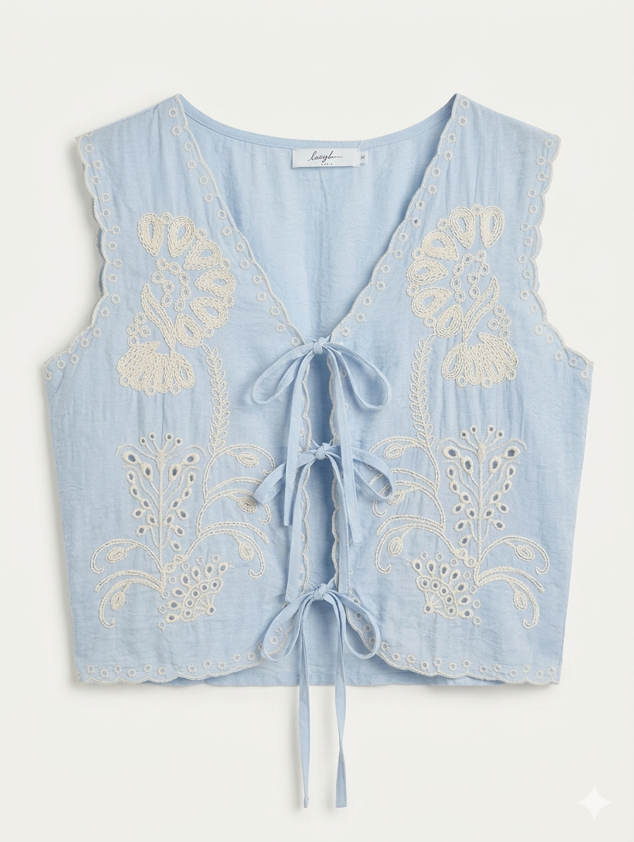 Luna Azure Embroidered Vest – Sky Blue