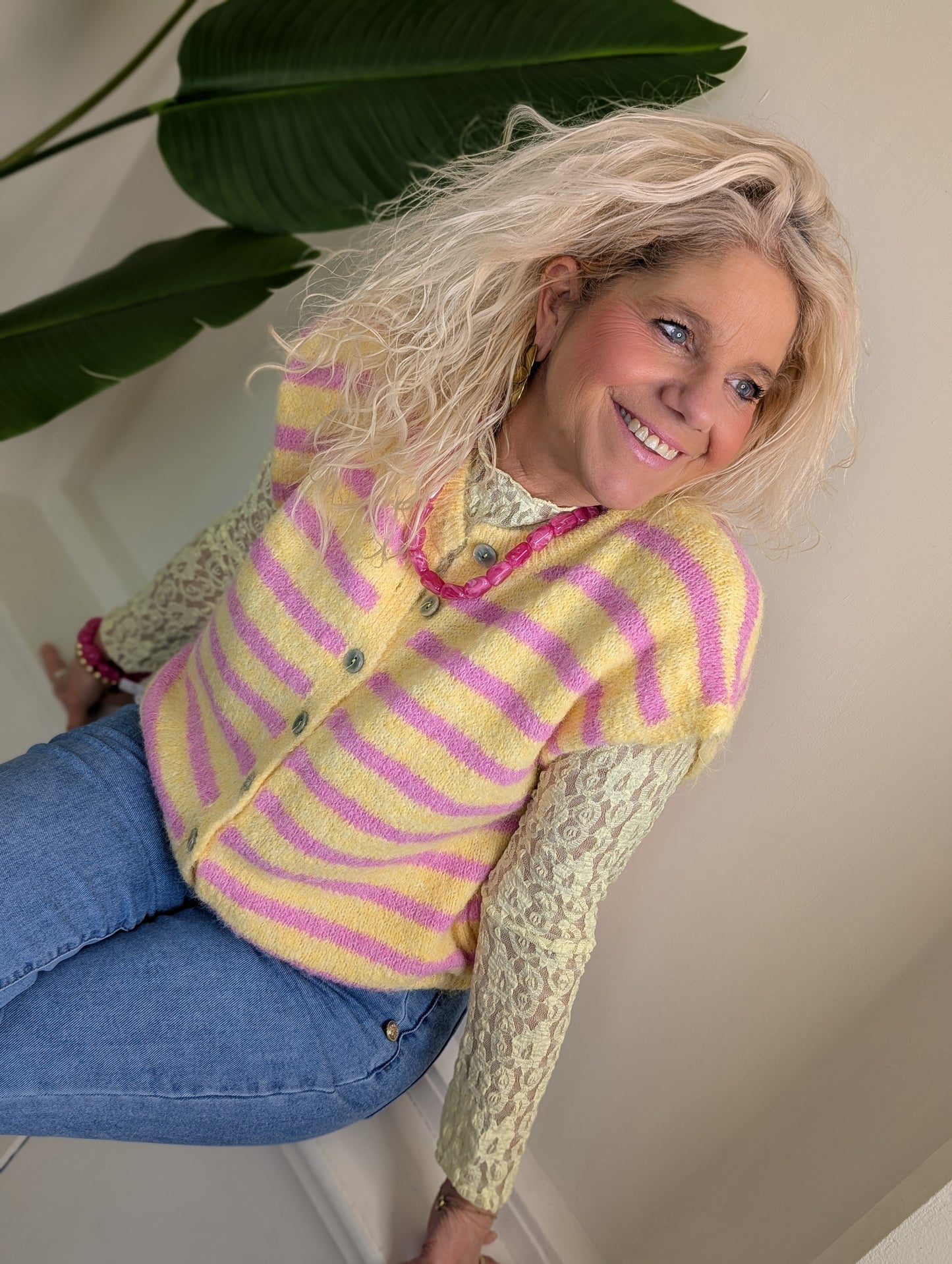 Gestreepte cardigan spencer Tess - Geel/Roze