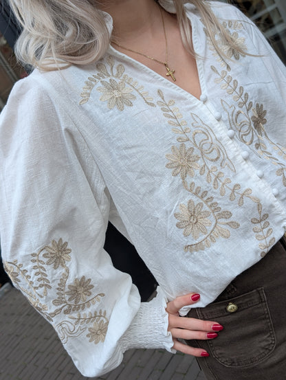 Eef blouse met bloemen - Off white/ goud