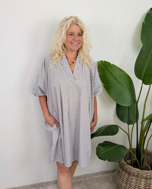 Tuniekjurk met Pofmouwen strepen - Taupe/Blauw