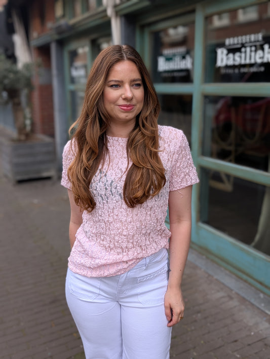 Kanten shirt korte mouwen - Lichtroze