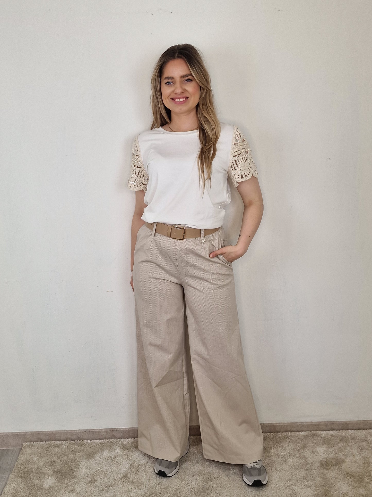 Janneke wide leg pantalon met riem - Beige