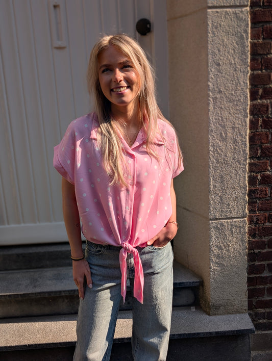 Polkadot knoop blouse - Roze