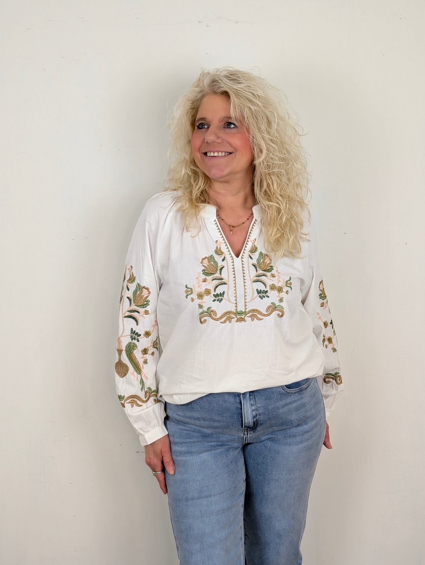 Meryam V-Hals Blouse - Wit/Bruin