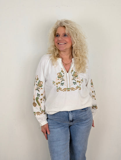 Meryam V-Hals Blouse - Wit/Bruin