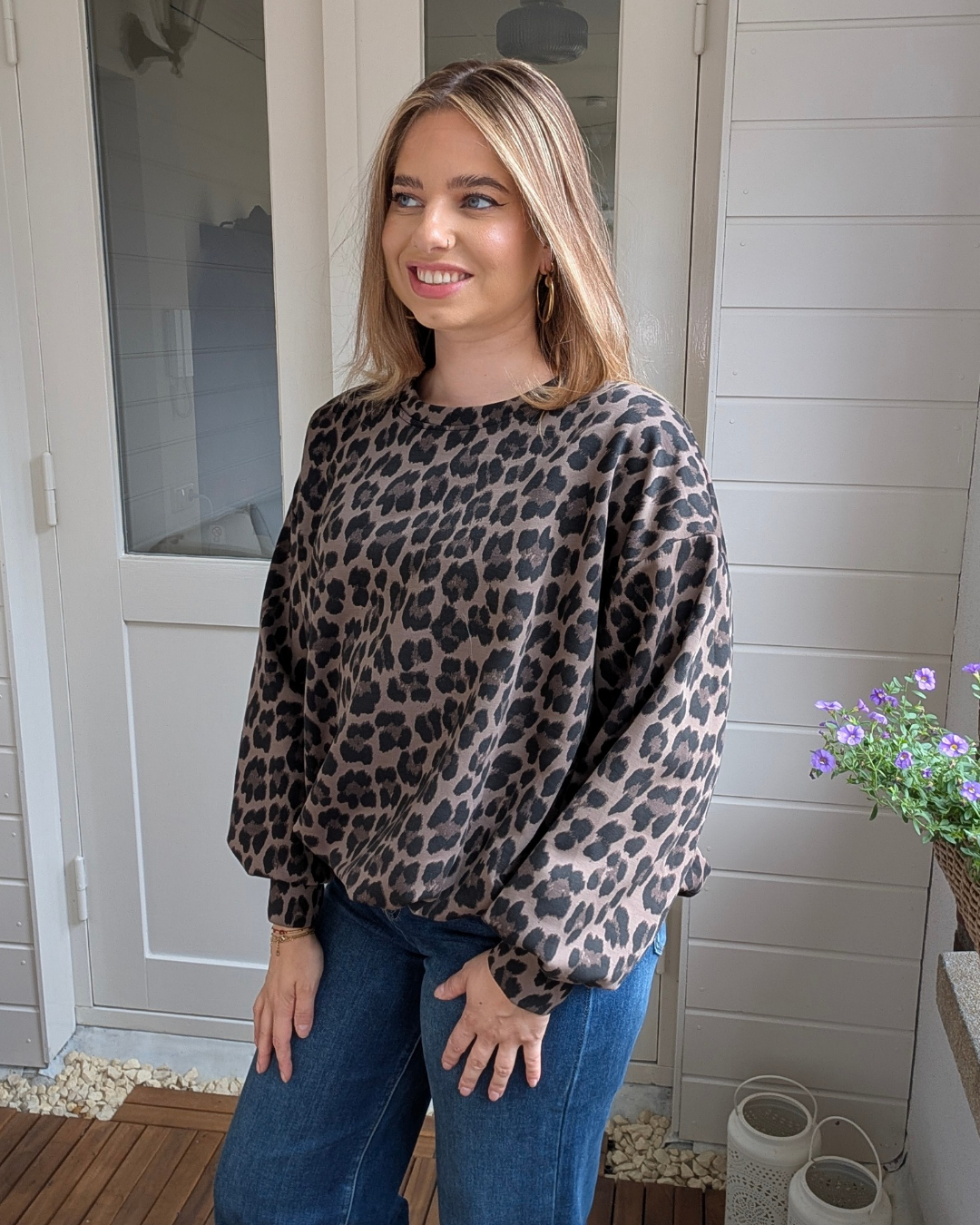 Ballon sweater panter print - Taupe/Bruin