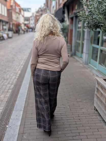 Lian Geruite pantalon met strikceintuur - Bruin / taupe / bordeaux