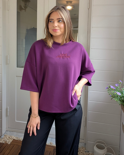 Oui Amour Short Sleeve Sweater - Aubergine/Bordeaux