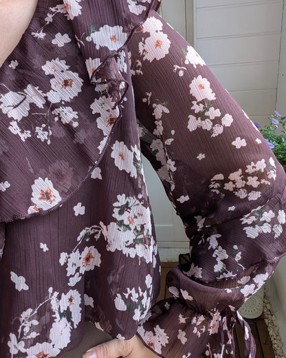 Feline Ruffle Balloon Bloemen Print Blouse - Plum/Pink