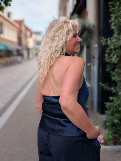 Silk top met openrug - Blauw