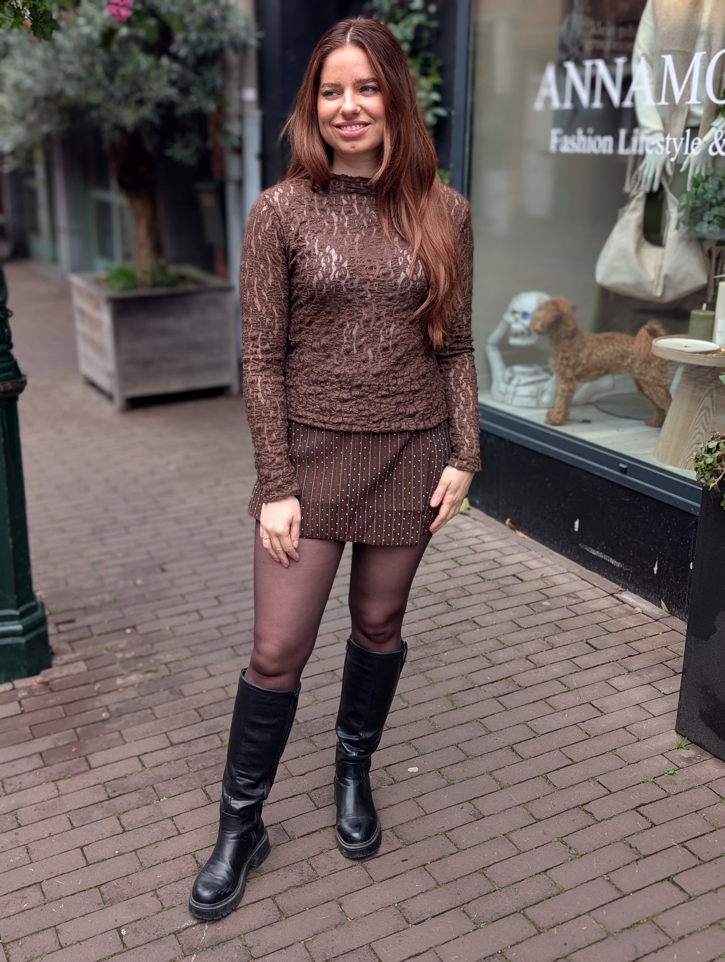 Vallery kanten top - Bruin