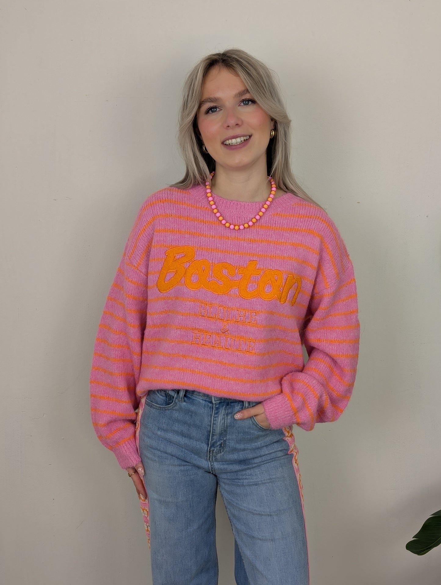 Gestreepte Boston trui - Roze