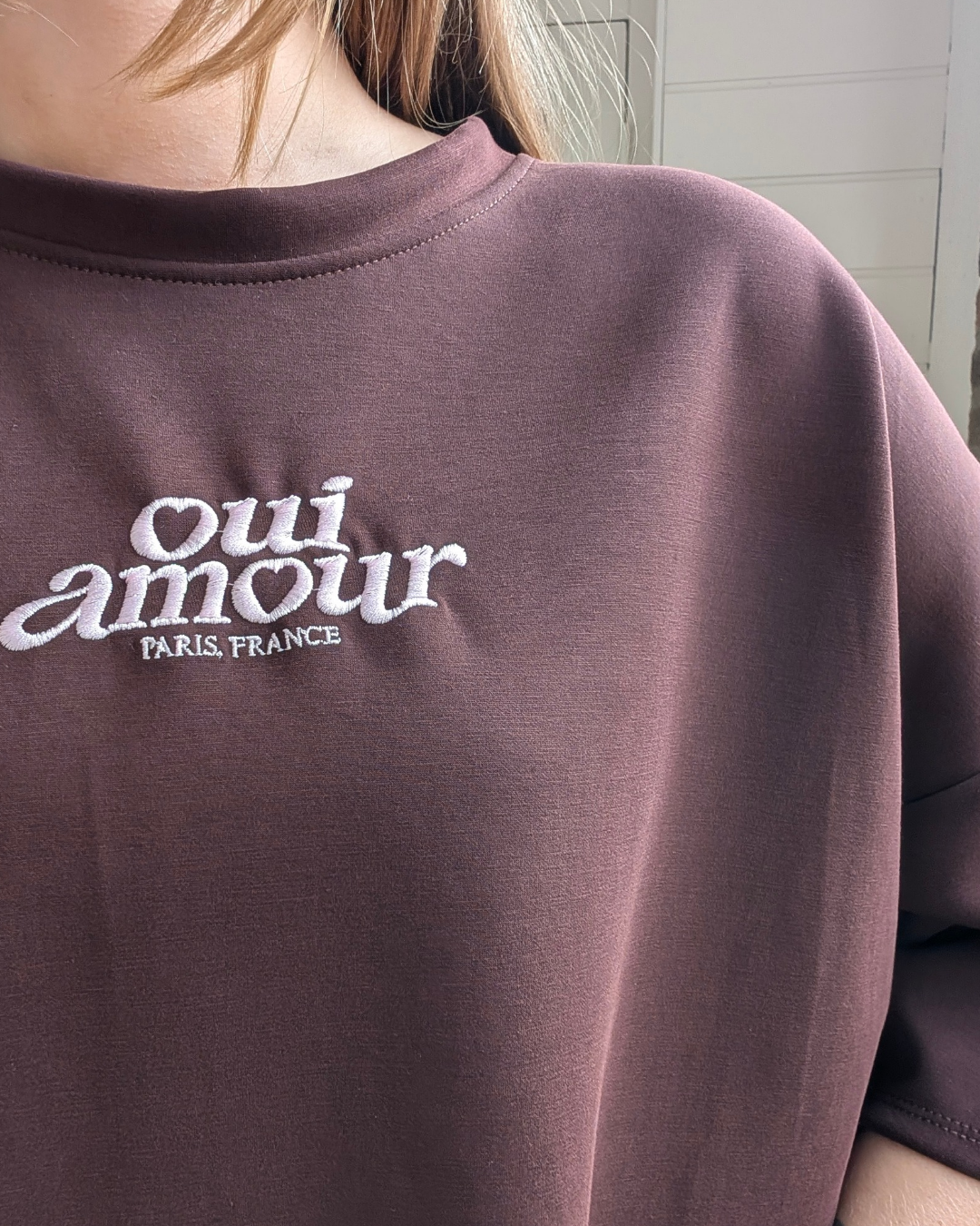 Oui Amour Short Sleeve Sweater - Bruin-Diep Bordeaux/Roze
