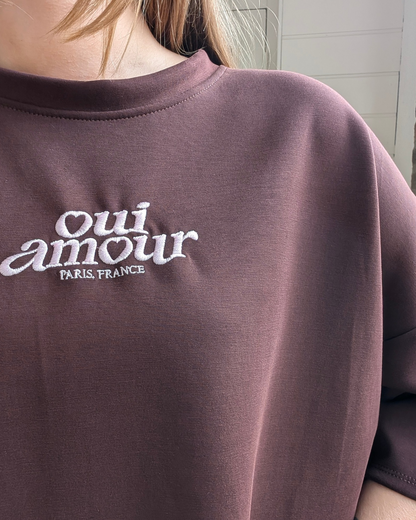 Oui Amour Short Sleeve Sweater - Bruin-Diep Bordeaux/Roze