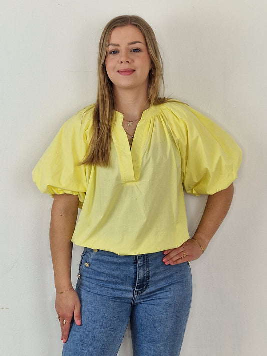 Senna blouse met pof mouw en v-hals - Yellow
