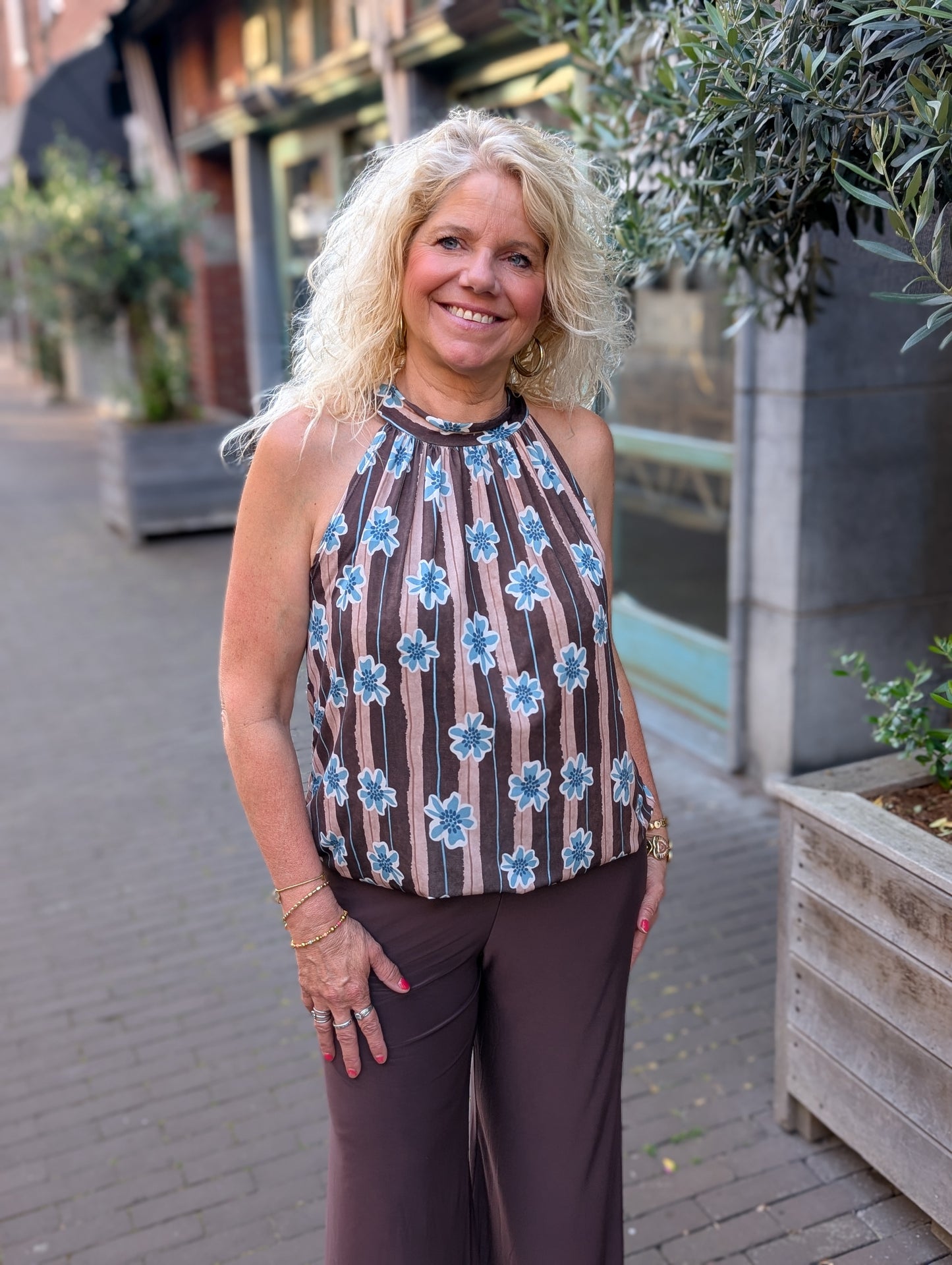 Haltertop gestreepte met bloemen - Bruin/Aqua