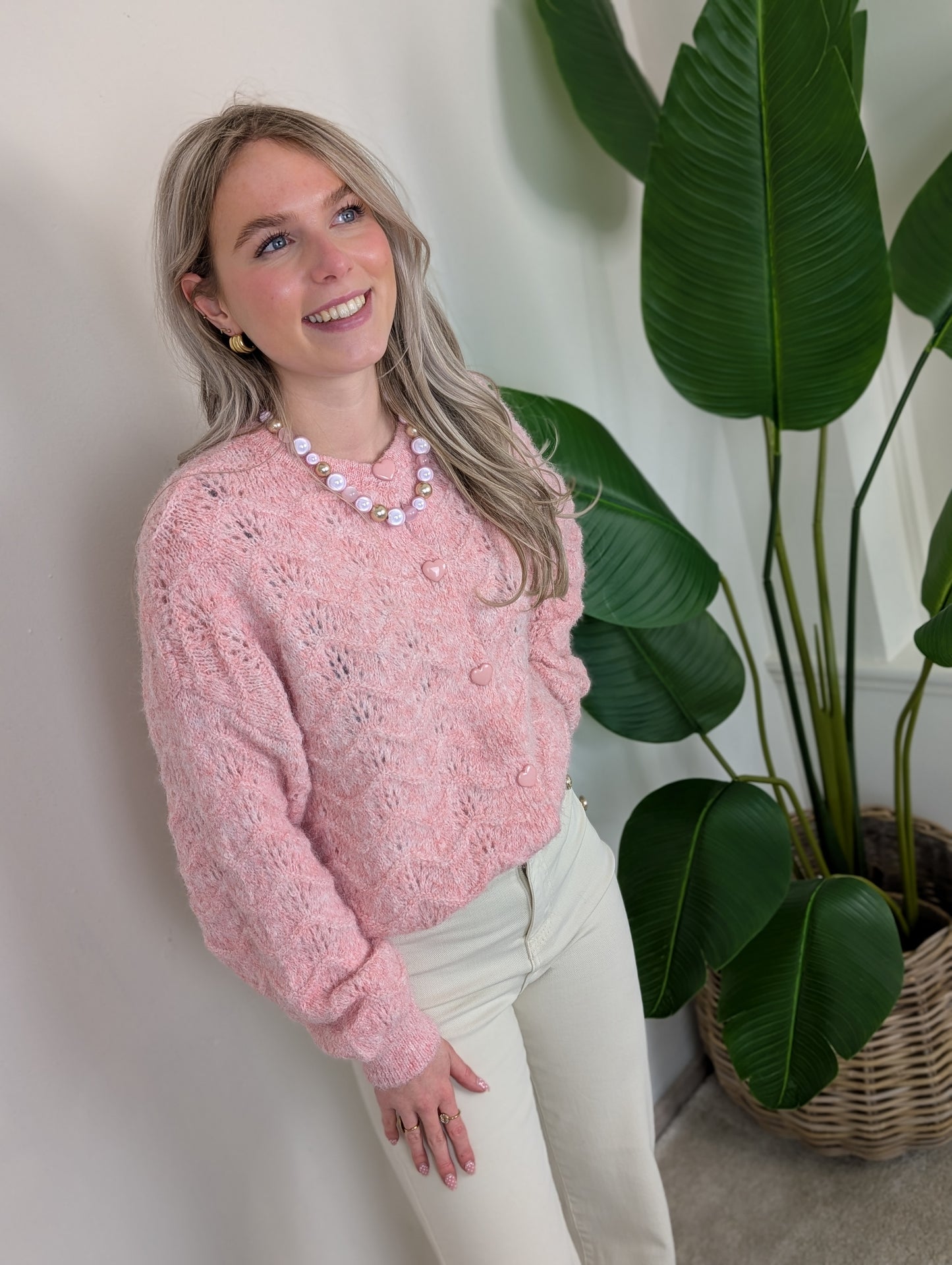 Ajourgebreid Vest met Hartjes knopen - Roze