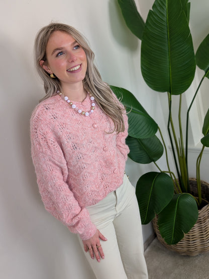 Ajourgebreid Vest met Hartjes knopen - Roze