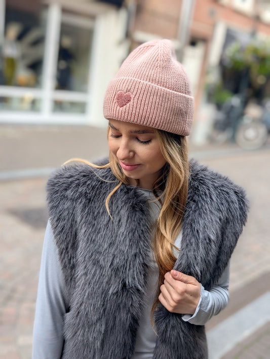 Gebreide muts met hartje - Roze