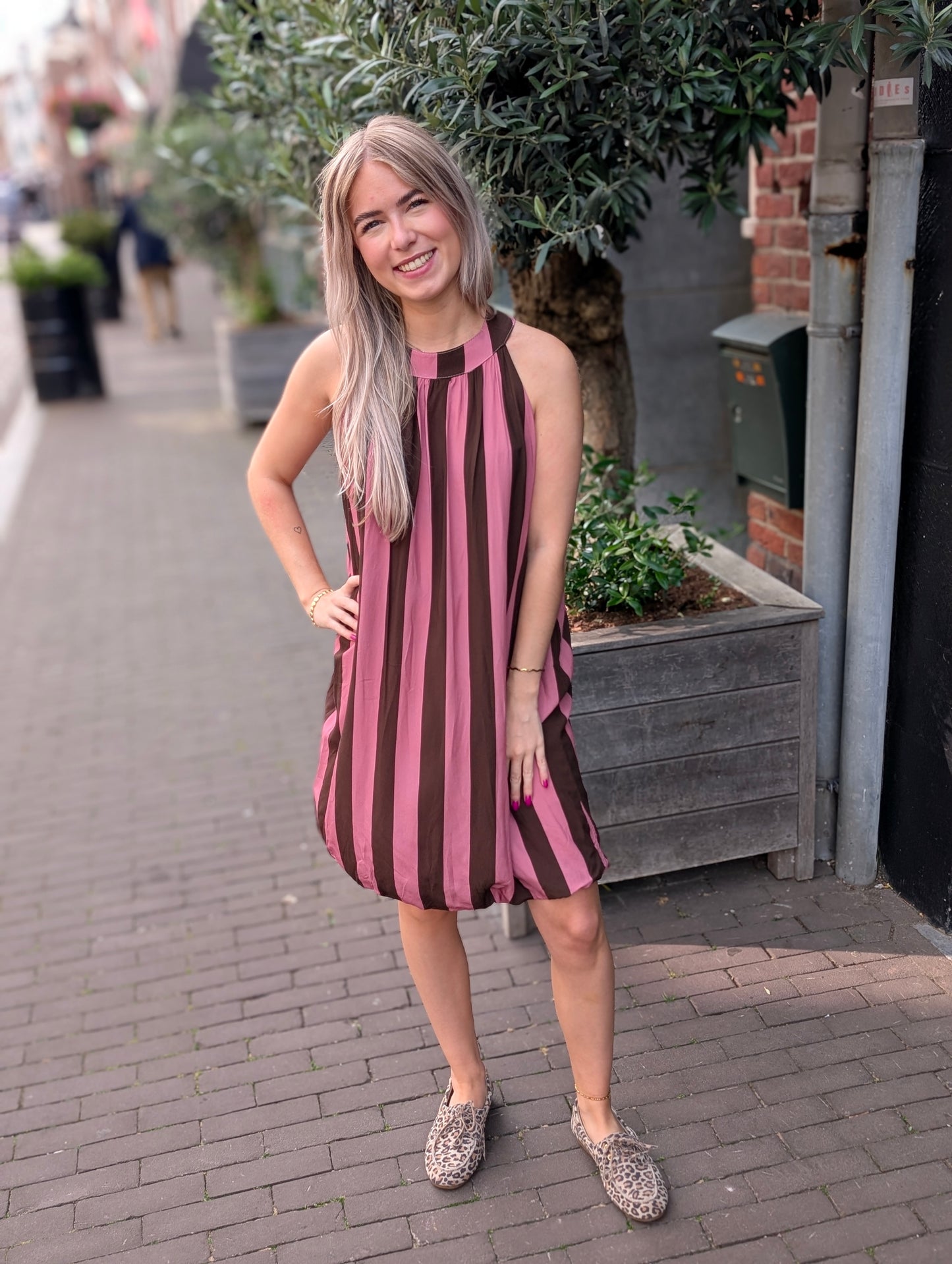 Gestreepte ballon jurk - Roze/Bruin