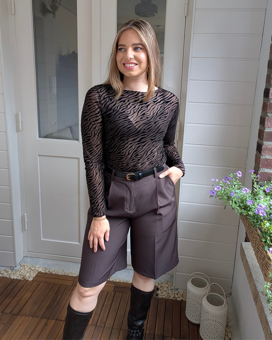 Zebra print mesh top - Bruin/Zwart