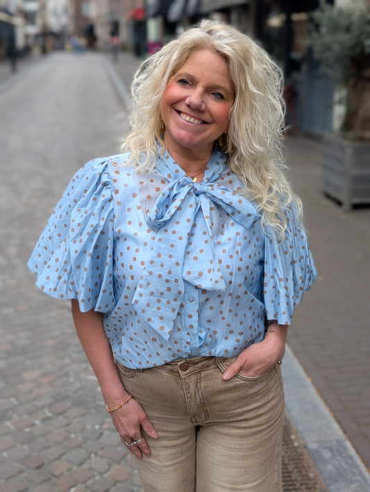 Blouse polkadot Gwen - Lichtblauw/Bruin