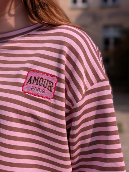 C’est l’Amour: Striped Oversized Knit - Bruin/Roze