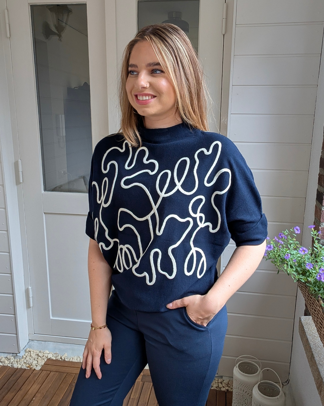 Nova Trui met Koorddessin - Donkerblauw