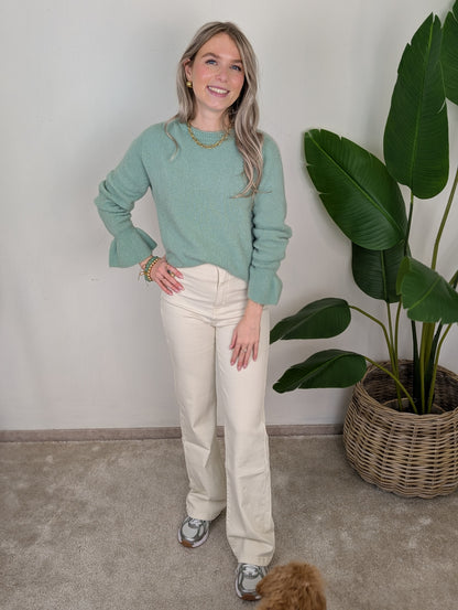 Fijn gebreide trui met ruffle mouwen - Groen