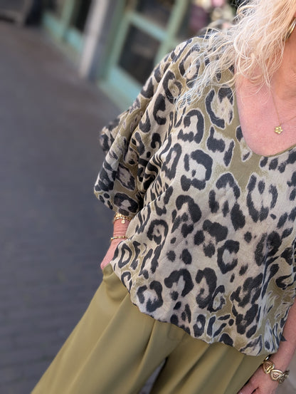 Panterprint ballon blouse - Groen