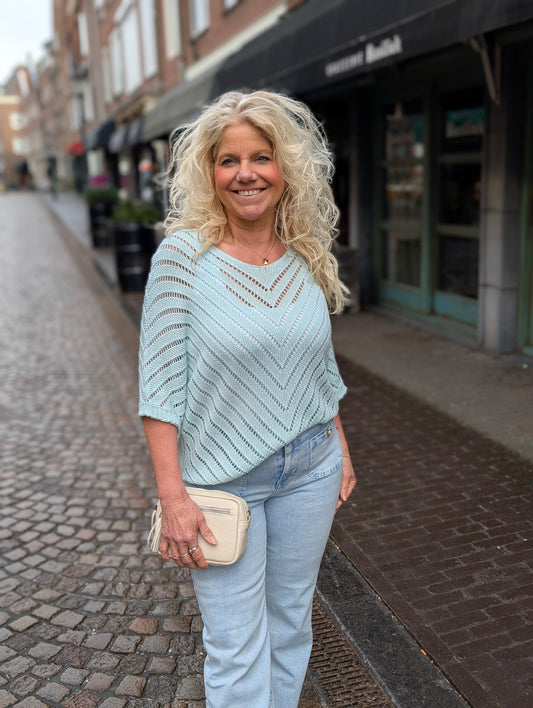 Gehaakte trui Maud met korte mouw - Aqua