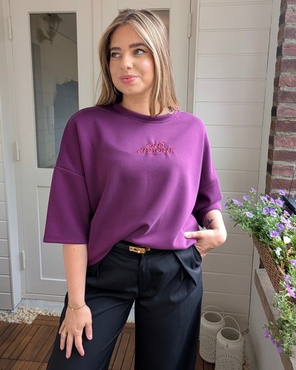 Oui Amour Short Sleeve Sweater - Aubergine/Bordeaux