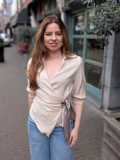 Overslag blouse met gestreepte strik detail - Beige