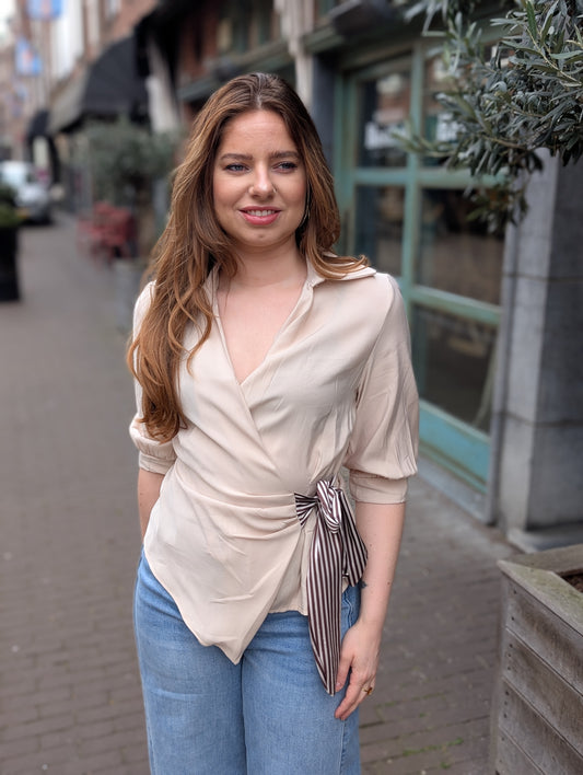 Overslag blouse met gestreepte strik detail - Beige