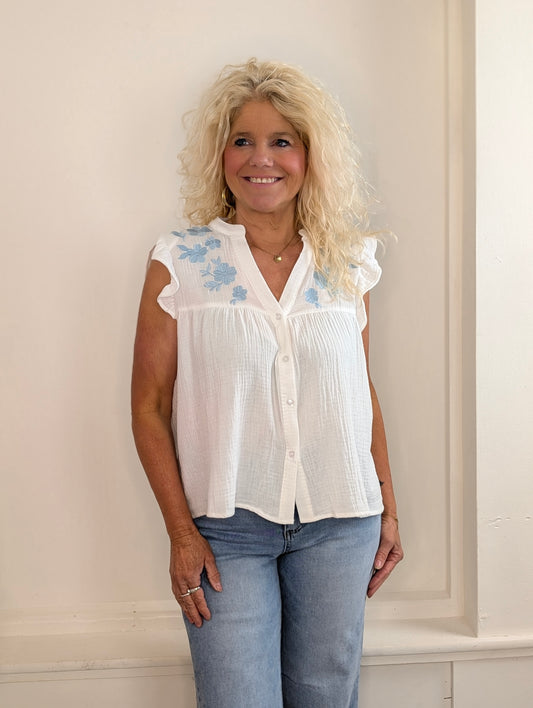 Su top met ruffles - Wit / licht blauw