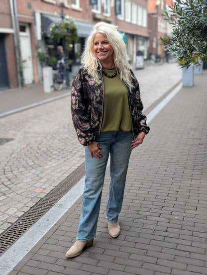 Moise jersey trui met elastiek onderin - Olijf groen