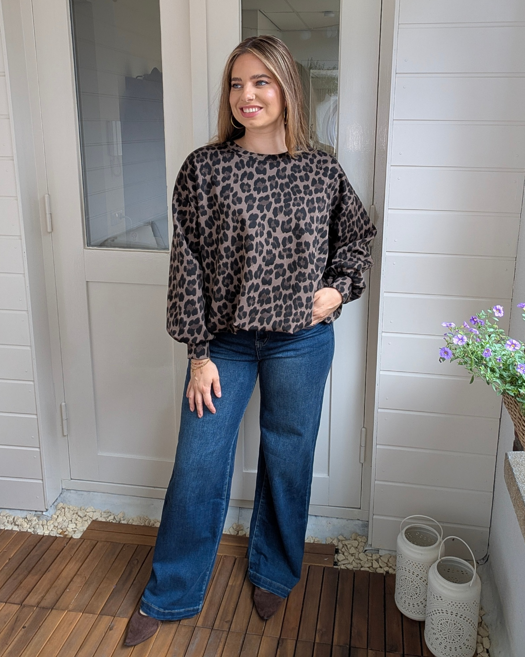 Ballon sweater panter print - Taupe/Bruin